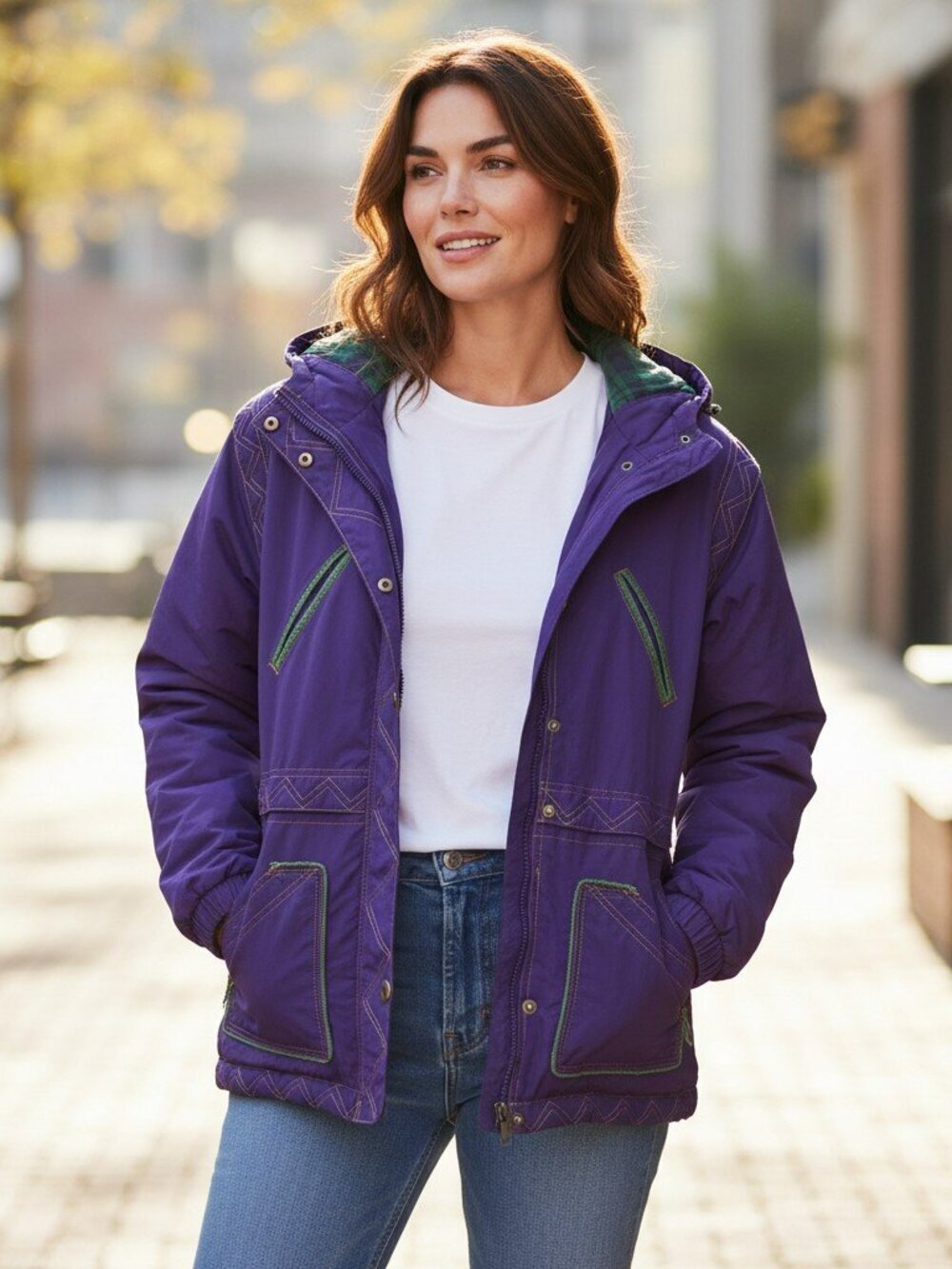 VTG Andy Johns Large Purple Snap Full Zip Hooded Pockets Ski Jacket L Coat